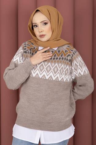 Etnik Motifli Salaş Triko Kazak Vizon - Thumbnail