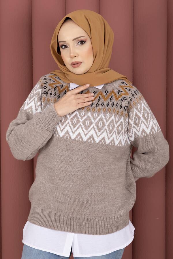 RAF - Etnik Motifli Salaş Triko Kazak Vizon (1)