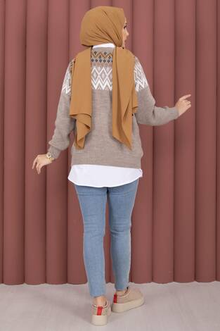 Etnik Motifli Salaş Triko Kazak Vizon - Thumbnail