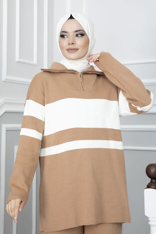 Fermuar Detaylı Çift Renk Tesettür Takım Camel - Thumbnail