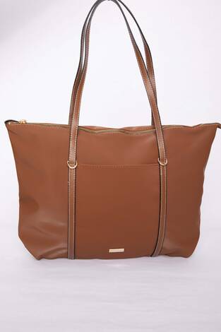 Fermuar Detaylı El & Omuz Çantası Taba - Thumbnail