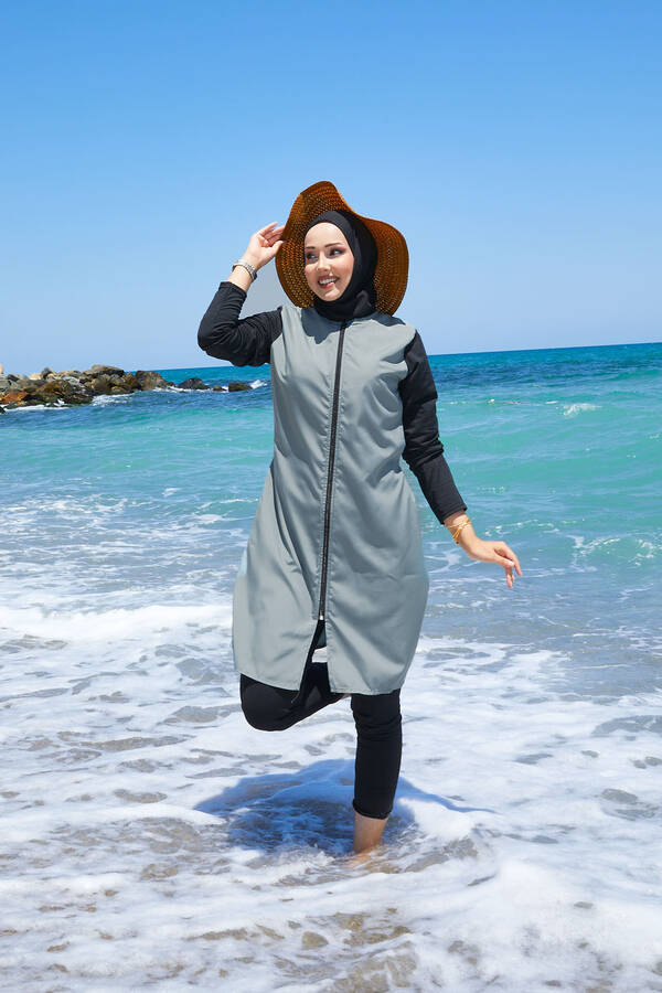 Fermuar Detaylı Yanları Bağcıklı Tesettür Mayo Mint