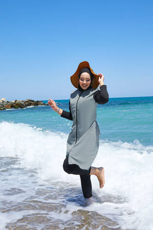 Fermuar Detaylı Yanları Bağcıklı Tesettür Mayo Mint - Thumbnail