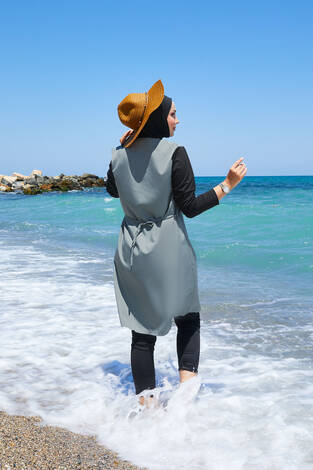 Fermuar Detaylı Yanları Bağcıklı Tesettür Mayo Mint - Thumbnail