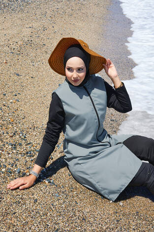 Fermuar Detaylı Yanları Bağcıklı Tesettür Mayo Mint - Thumbnail