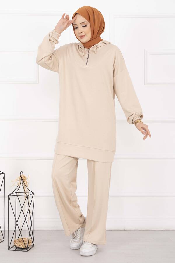 Nz - Fermuar Yaka Kapüşonlu Tesettür Takım Bej