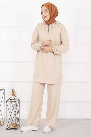 Fermuar Yaka Kapüşonlu Tesettür Takım Bej - Thumbnail