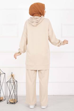 Fermuar Yaka Kapüşonlu Tesettür Takım Bej - Thumbnail