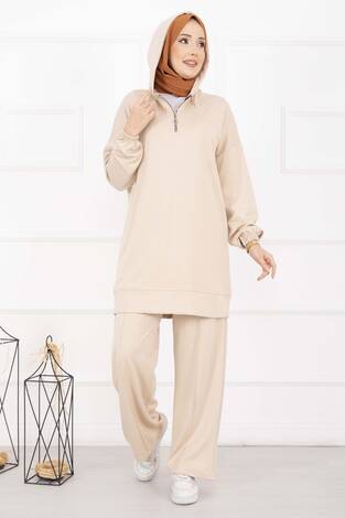 Fermuar Yaka Kapüşonlu Tesettür Takım Bej - Thumbnail