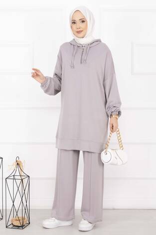 Fermuar Yaka Kapüşonlu Tesettür Takım Gri