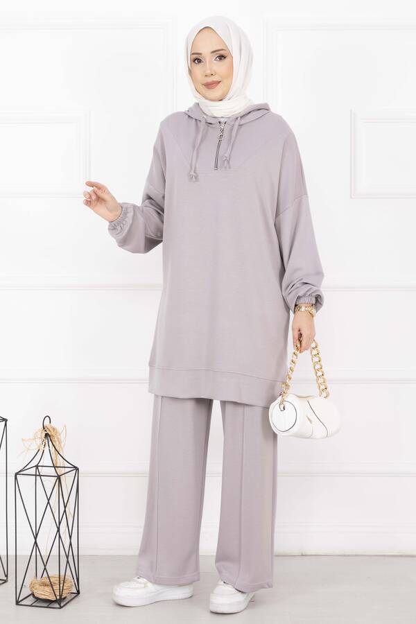 Nz - Fermuar Yaka Kapüşonlu Tesettür Takım Gri