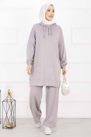 Fermuar Yaka Kapüşonlu Tesettür Takım Gri - Thumbnail