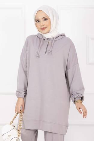 Fermuar Yaka Kapüşonlu Tesettür Takım Gri - Thumbnail