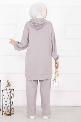 Fermuar Yaka Kapüşonlu Tesettür Takım Gri - Thumbnail