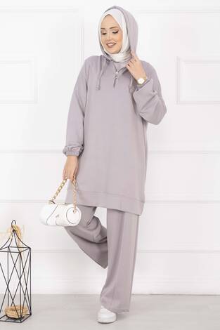 Fermuar Yaka Kapüşonlu Tesettür Takım Gri - Thumbnail