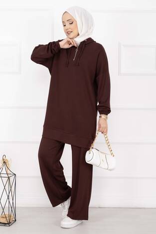 Fermuar Yaka Kapüşonlu Tesettür Takım Kahve - Thumbnail