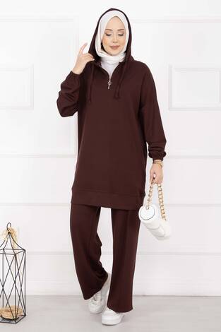 Fermuar Yaka Kapüşonlu Tesettür Takım Kahve - Thumbnail