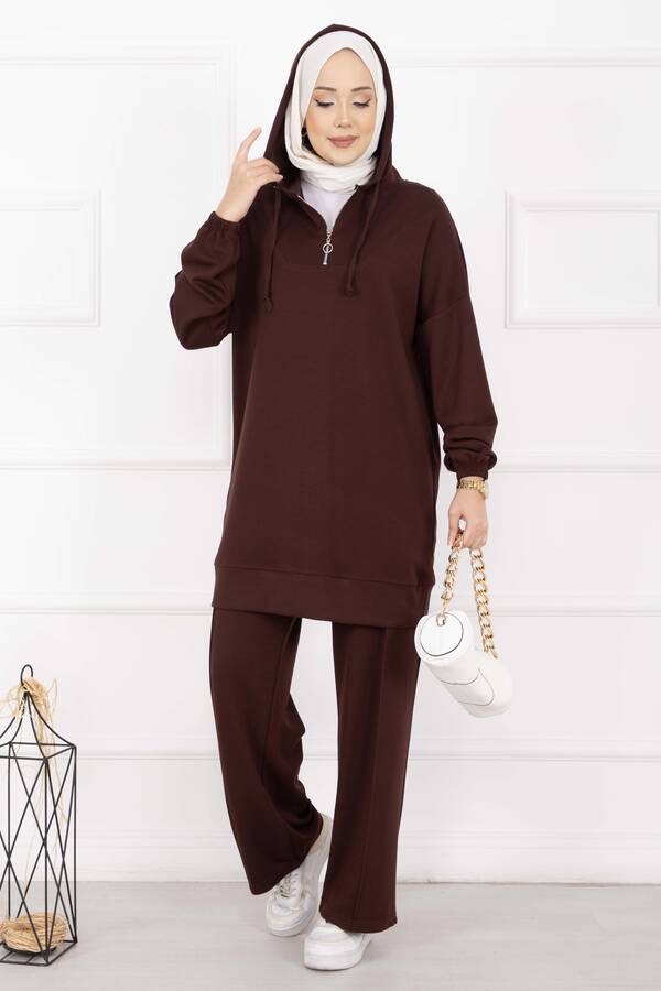 Nz - Fermuar Yaka Kapüşonlu Tesettür Takım Kahve
