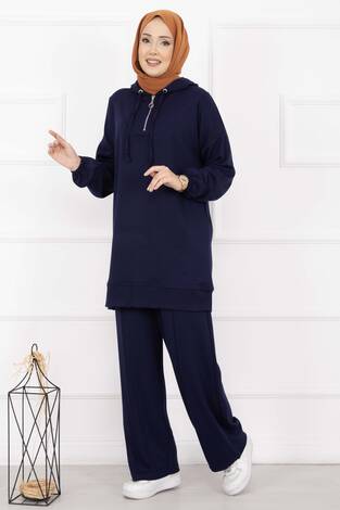 Fermuar Yaka Kapüşonlu Tesettür Takım Lacivert - Thumbnail