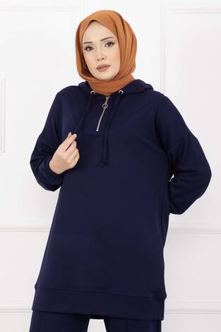 Fermuar Yaka Kapüşonlu Tesettür Takım Lacivert - Thumbnail