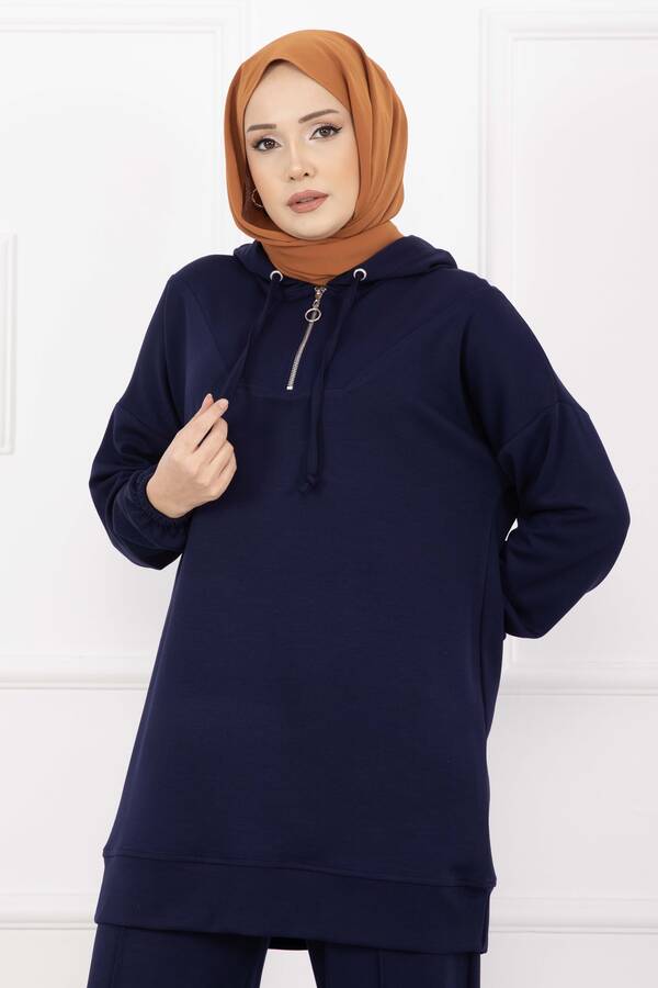 Nz - Fermuar Yaka Kapüşonlu Tesettür Takım Lacivert (1)