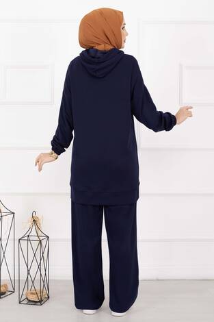 Fermuar Yaka Kapüşonlu Tesettür Takım Lacivert - Thumbnail