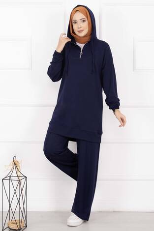 Fermuar Yaka Kapüşonlu Tesettür Takım Lacivert