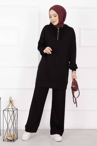 Fermuar Yaka Kapüşonlu Tesettür Takım Siyah - Thumbnail