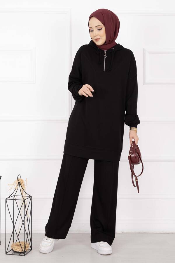 Nz - Fermuar Yaka Kapüşonlu Tesettür Takım Siyah