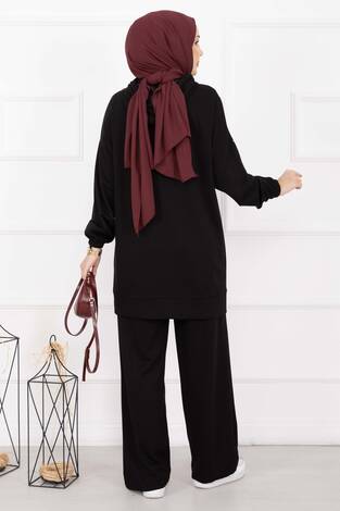 Fermuar Yaka Kapüşonlu Tesettür Takım Siyah - Thumbnail