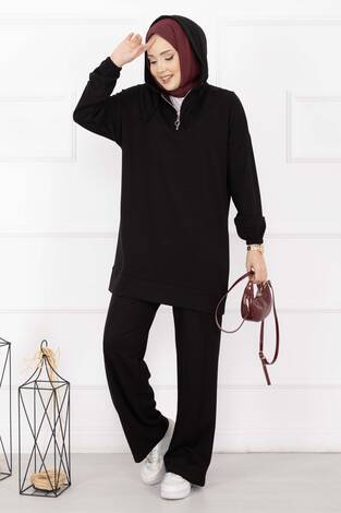 Fermuar Yaka Kapüşonlu Tesettür Takım Siyah - Thumbnail