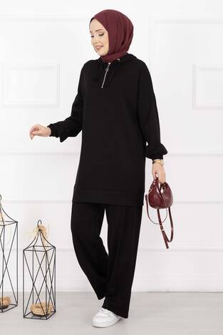 Fermuar Yaka Kapüşonlu Tesettür Takım Siyah - Thumbnail