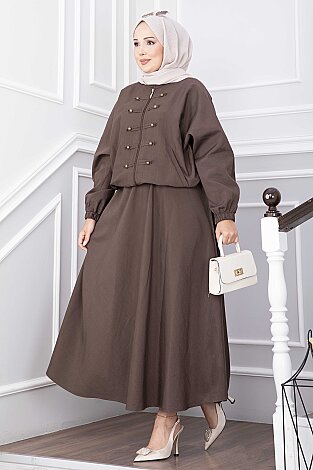 Fermuarlı Ceket Etek Takım Kahve - 1