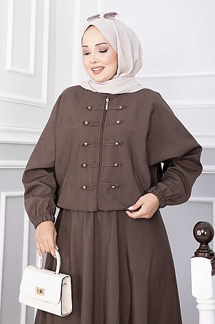 Fermuarlı Ceket Etek Takım Kahve - 2