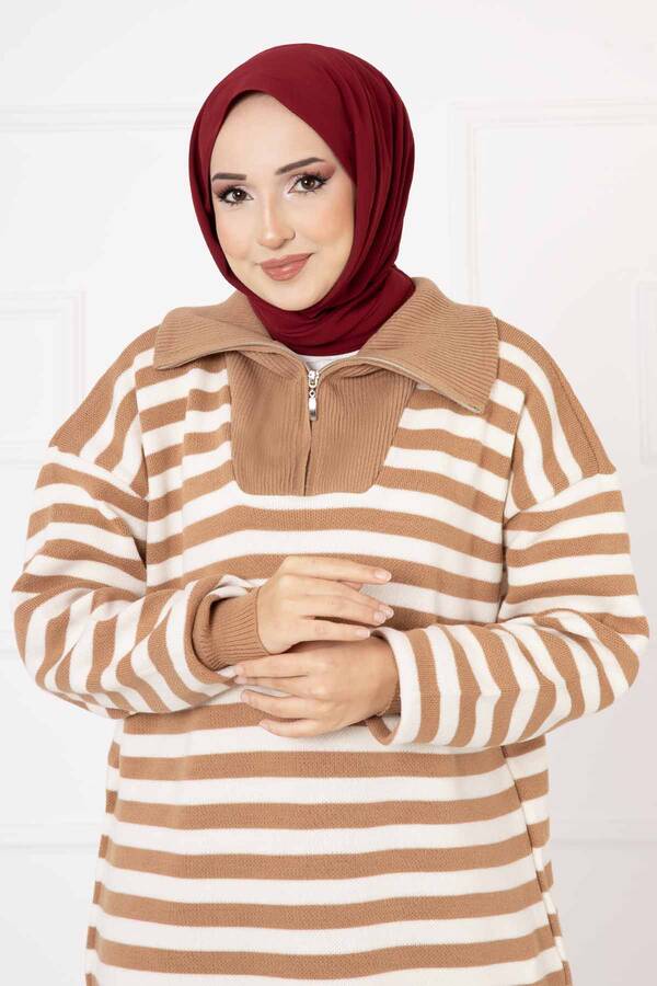 Kl - Fermuarlı Çizgili Triko Elbise TEN (1) Kl - Fermuarlı Çizgili Triko Elbise TEN (1)