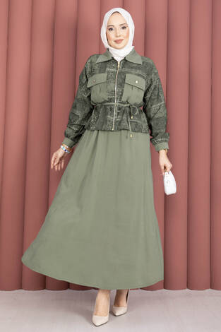 Fermuarlı Crop Ceketli Etekli Takım Haki - Thumbnail