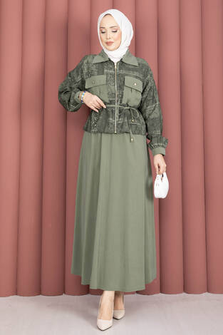 Fermuarlı Crop Ceketli Etekli Takım Haki - Thumbnail