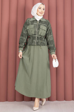 Fermuarlı Crop Ceketli Etekli Takım Haki - Thumbnail