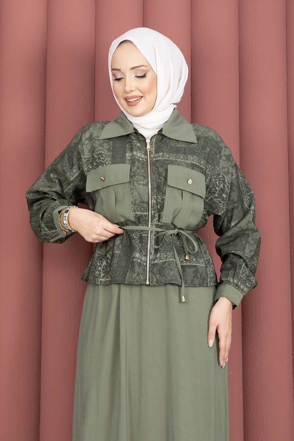 NS - Fermuarlı Crop Ceketli Etekli Takım Haki (1)