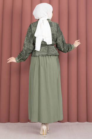 Fermuarlı Crop Ceketli Etekli Takım Haki - Thumbnail