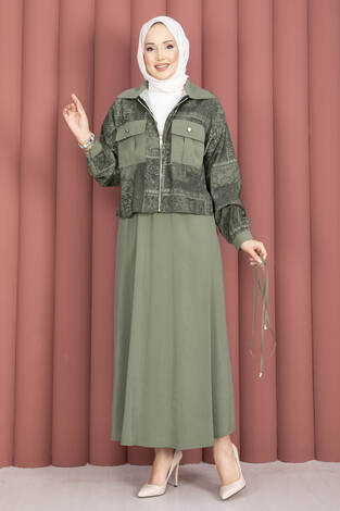 Fermuarlı Crop Ceketli Etekli Takım Haki - Thumbnail