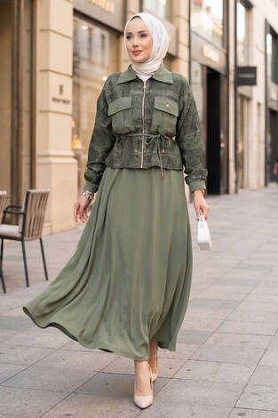 Fermuarlı Crop Ceketli Etekli Takım Haki