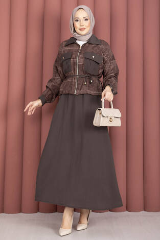 Fermuarlı Crop Ceketli Etekli Takım Kahve - Thumbnail