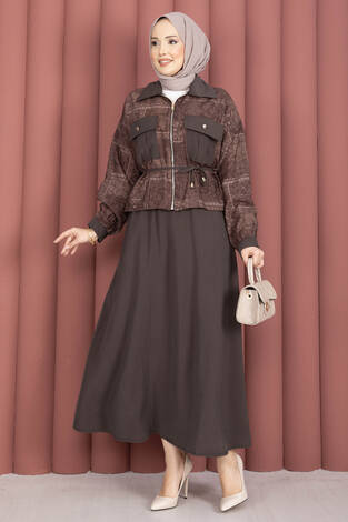 Fermuarlı Crop Ceketli Etekli Takım Kahve - Thumbnail