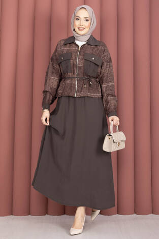 Fermuarlı Crop Ceketli Etekli Takım Kahve - Thumbnail