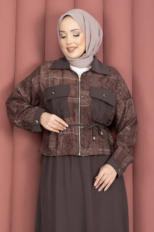 Fermuarlı Crop Ceketli Etekli Takım Kahve - Thumbnail