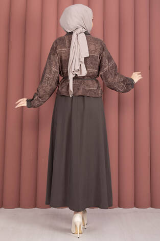 Fermuarlı Crop Ceketli Etekli Takım Kahve - Thumbnail