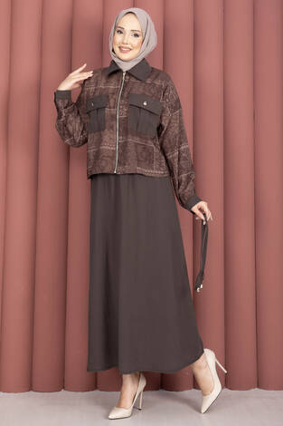 Fermuarlı Crop Ceketli Etekli Takım Kahve - Thumbnail