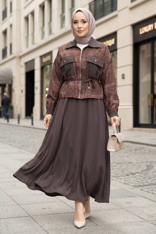 Fermuarlı Crop Ceketli Etekli Takım Kahve - Thumbnail