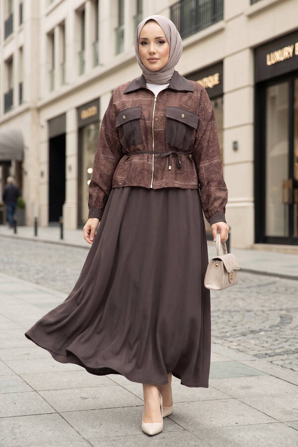 NS - Fermuarlı Crop Ceketli Etekli Takım Kahve